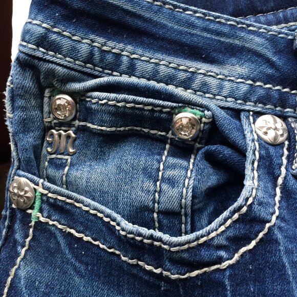 Miss Me Aztec Chloe Bootcut Womens Jeans Sz 30 Distressed Rhinestone Embroidery - Picture 5 of 11
